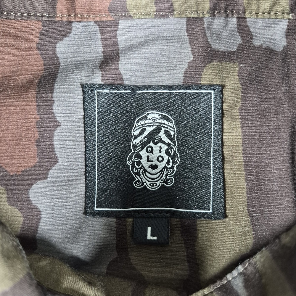 QILO Button Up Shirt Men's Large Green Brown‎ Camo Short Sleeve Camp Collar - Picture 5 of 7